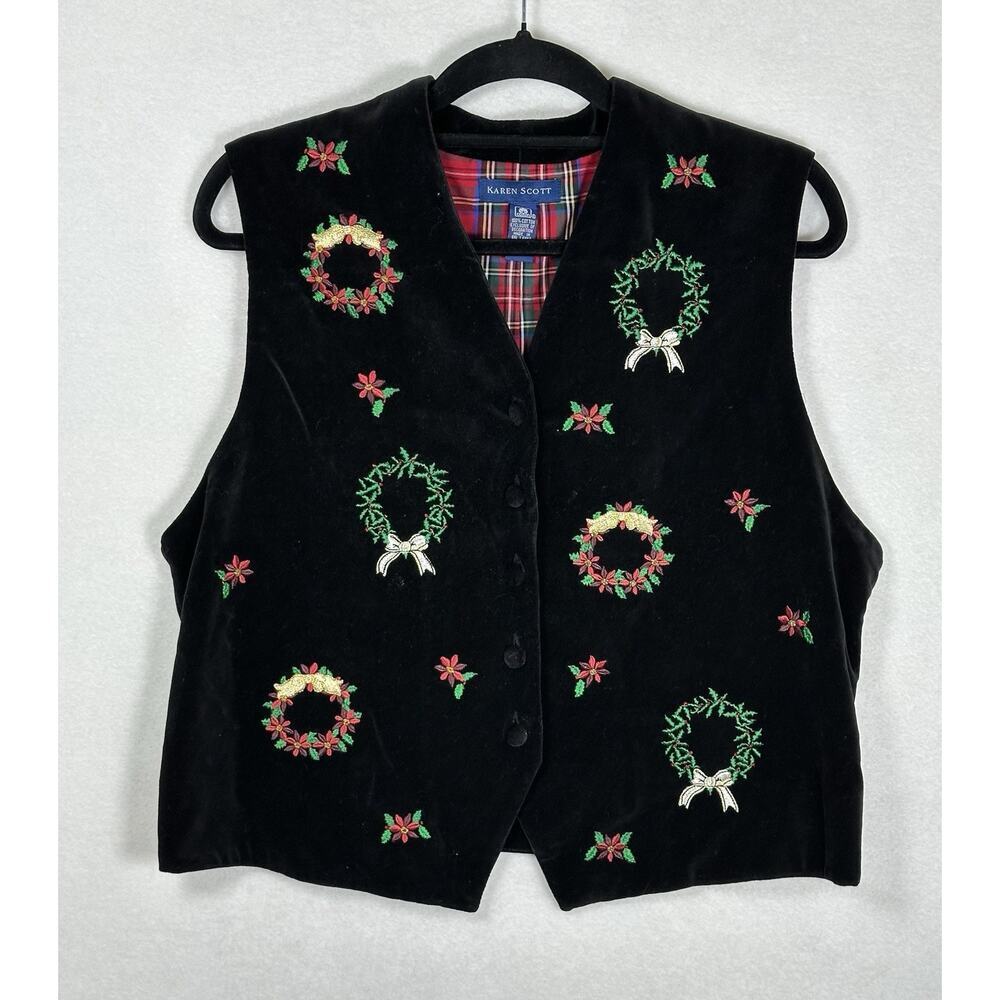 Karen Scott Black Velvet Ugly Christmas Holiday Vest Embroidered Wreaths Size L